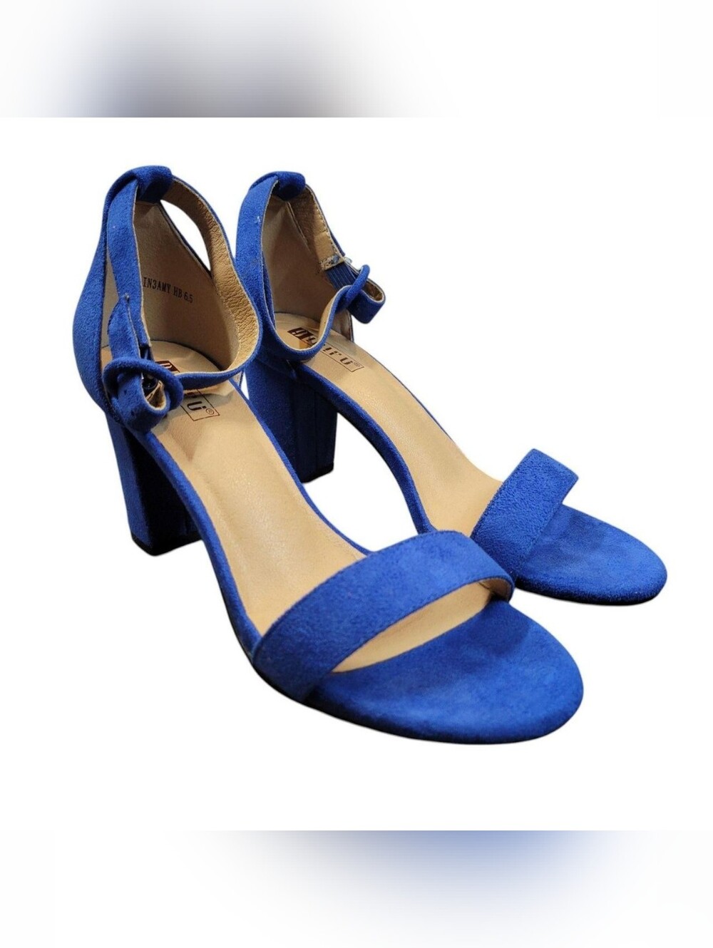 IDIFU Blue Suede Ankle Strap Block Heels